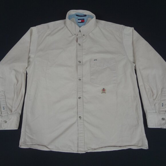 TOMMY HILFIGER - BUTTON UP TAN OFF WHITE DENIM MENS LARGE SHIRT K940 - Picture 1 of 9